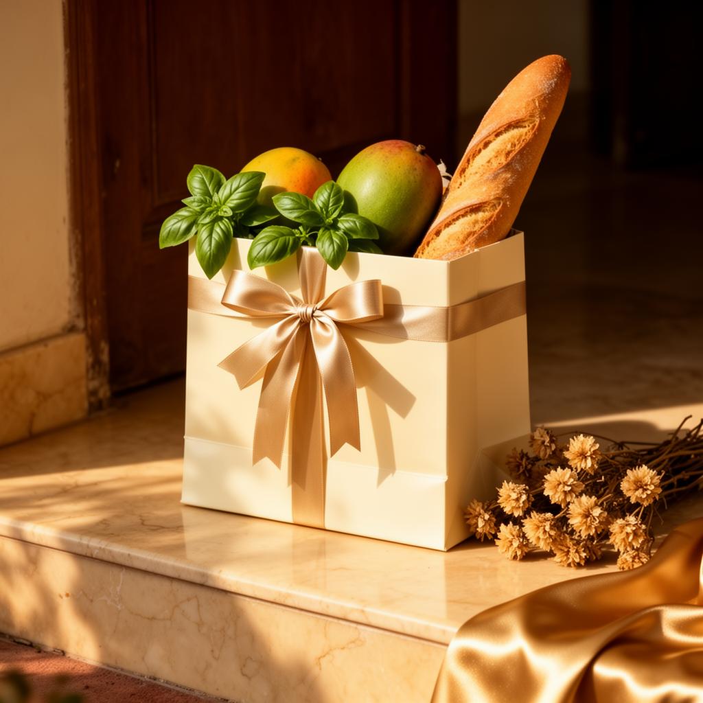 Premium doorstep delivery from Today Shoppy — a cream gift bag of groceries on a marble doorstep